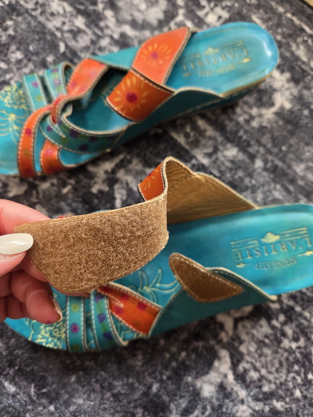 L'ATISTE Teal and Orange Floral Multi-Strap Slide Sandals - Picture 7 of 9